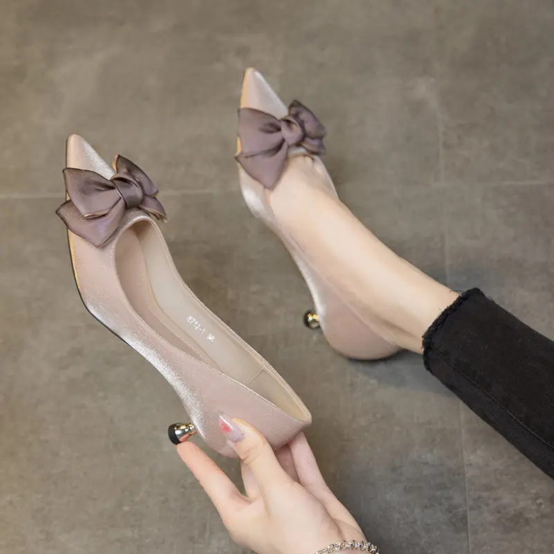 Shoes for Woman 2024 Bride Black Women\'s Summer Footwear Pointed Toe with Bow Stilito Low Heel Elegant Stylish Spring on Offer A