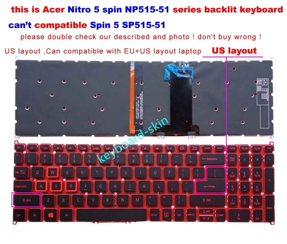 New US Backlit no-frame Keyboard For Acer Nitro 5 spin NP515-51 N17W1 NP515-51-80X laptop