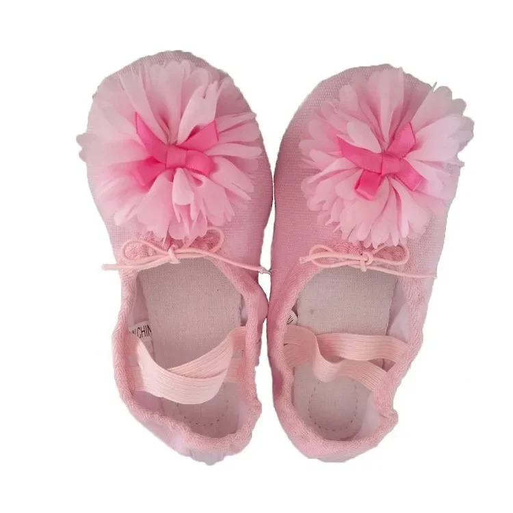 Sapatos de dança infantis, tecido todo de algodão, balé para Wo, dobra dupla rosa e Wo, flor grande, laço vermelho rosa