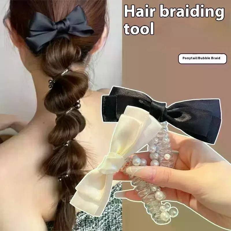 탄성 있는 우아한 나비 매듭 머리끈 포니테일 홀더 액세서리 땋은 전화선 머리끈 진주 나선형 머리끈 여성용
