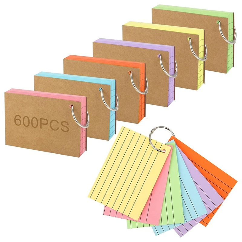 

600 Pcs Index Cards With Ring, 3 X 4 Inch Colored A7 Colorful Flash Cards With Ring Underline Study Cards