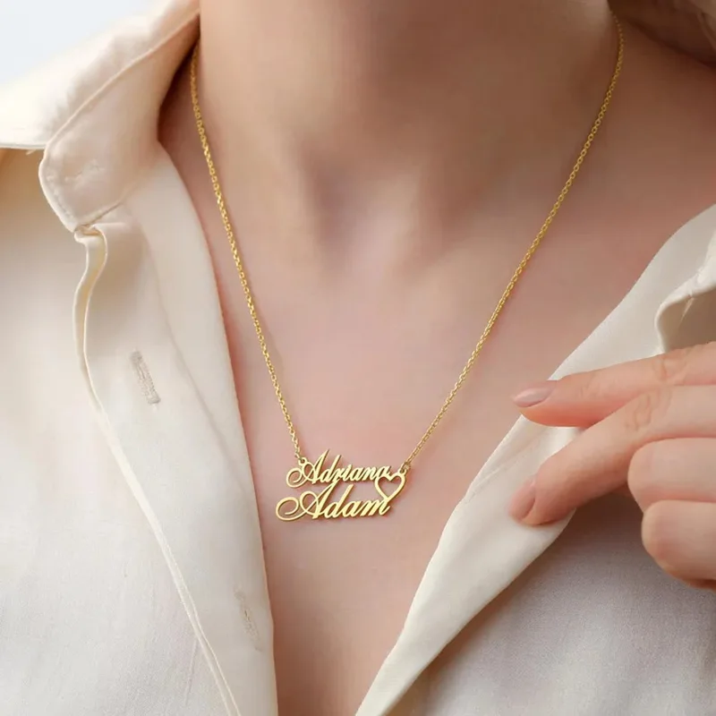 

Personalized 2 Names with Heart Pendant Necklace for Women 18K Gold Plated Stainless Steel Personalized Gift Handmade Nameplate