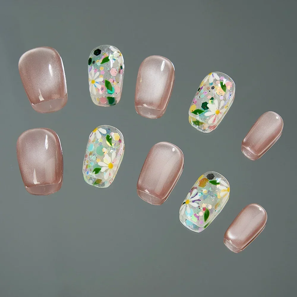 

Pink Floral Short Handmade Nails Press on Cute Cat Eye Nail Acrylic Fake Nails with Glue Artificial Nails Art Stick on for Girls