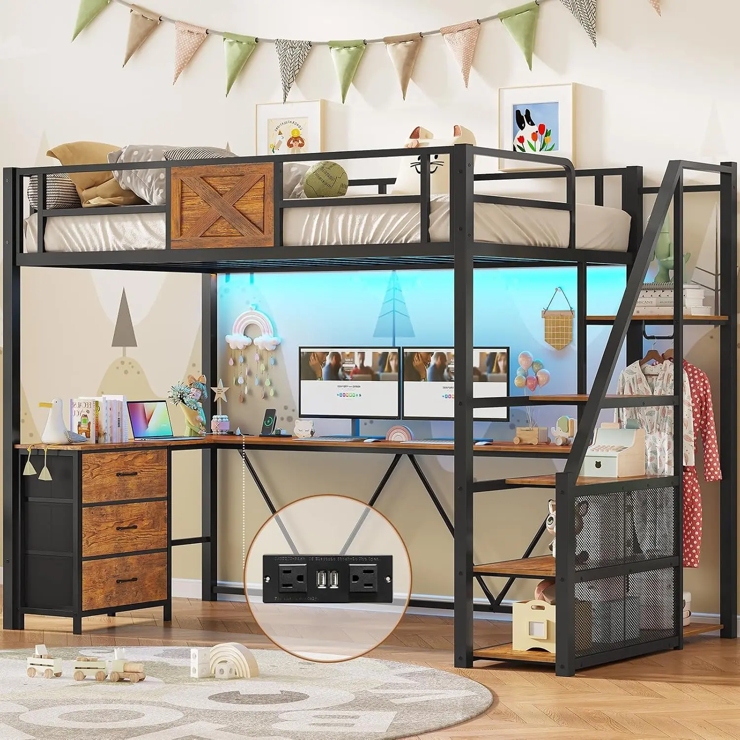 Stairway Twin Size Loft Bed with L Shaped Desk and Wardrobe, Metal Loft Bed Frame with Storage Stairs, 3 Fabric, Customized