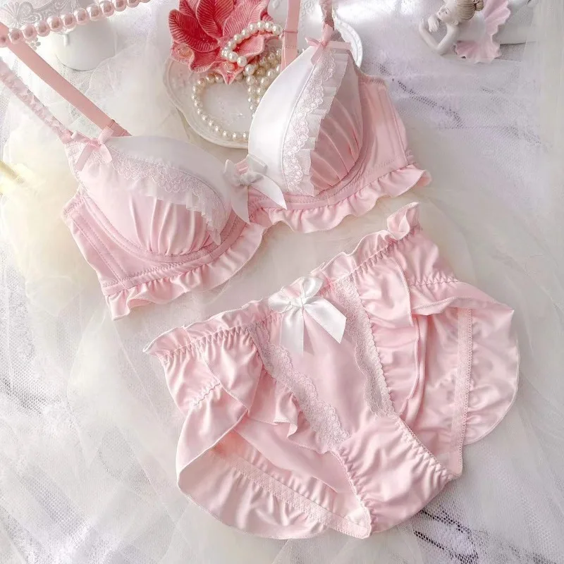 Spring and summer lingerie sweet cute girls underwear set printing lace edge thin of the steel ring large size gathered bra