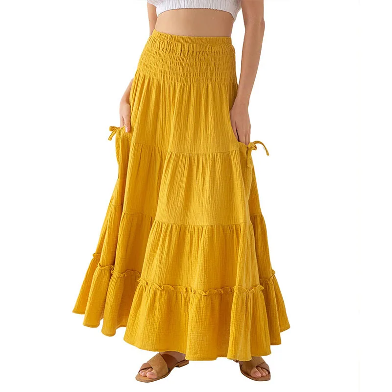 

Women's Extra Long Bohemian Skirt 2024 Summer New Casual Flowing Literary Vintage Pockets Cotton Double Gauze Loose Skirts