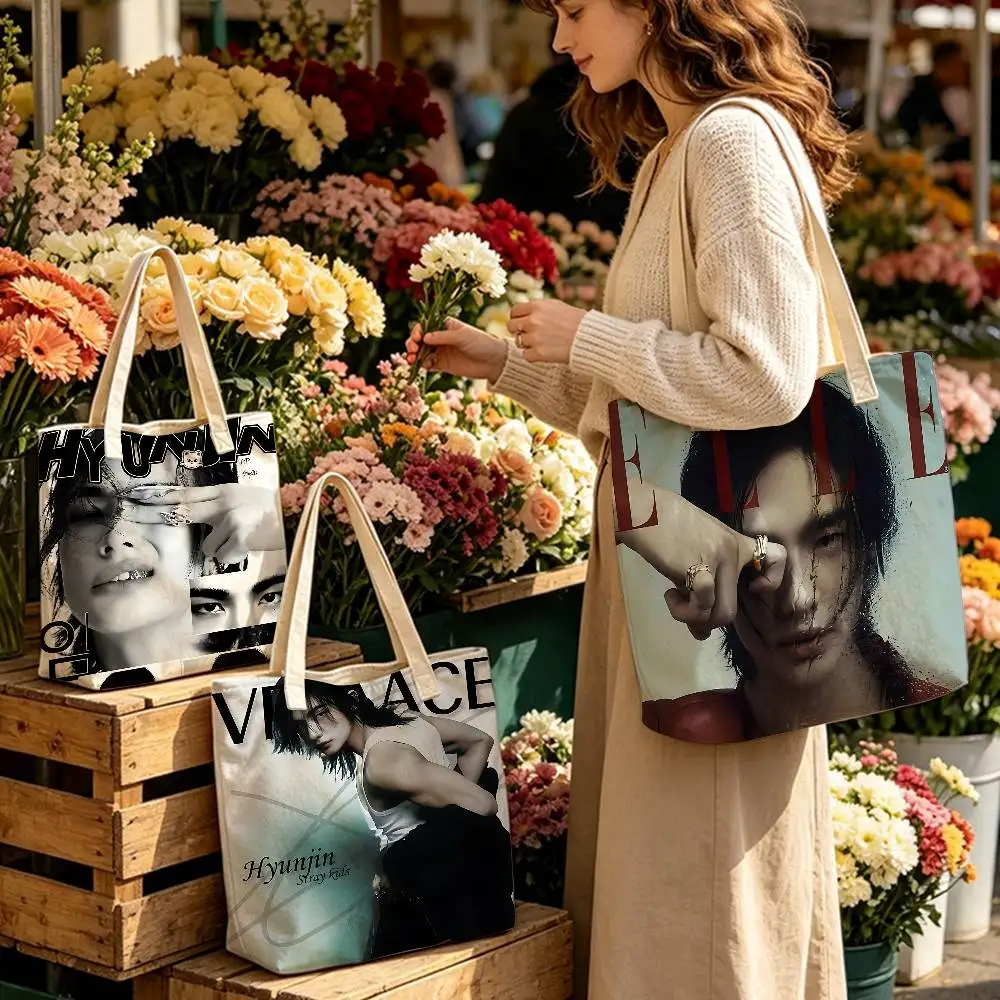Kpop HYUNJIN Design Tote Bag Vibrant Printed Reusable Grocery Bags Spacious Shoulder Handbag for Work