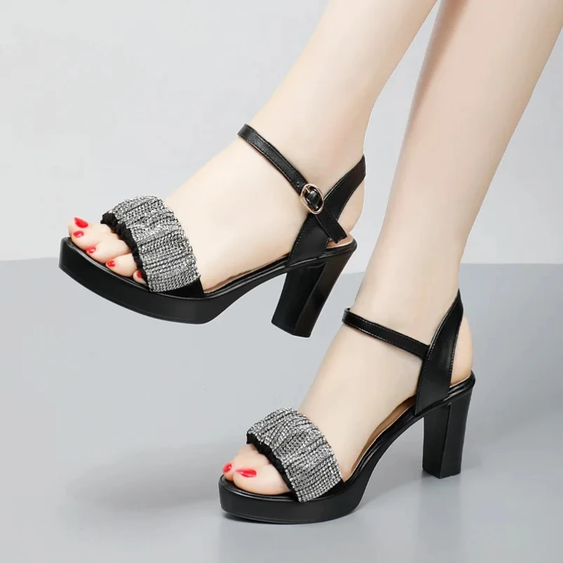 

2025 Roman Sandals Women's Summer Thick Heels, Ultra High Heels, Open Toe, Large Size Fashion rhinestone Women's Shoes