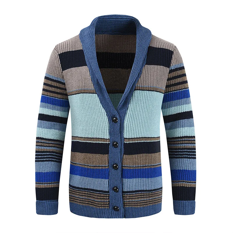Herren Schalkragen Strickjacke Herbst Winter Farbblock Gestreifter Pullover Vintage Knopfleiste Lässige Lose Oberbekleidung Für M – Detail 10