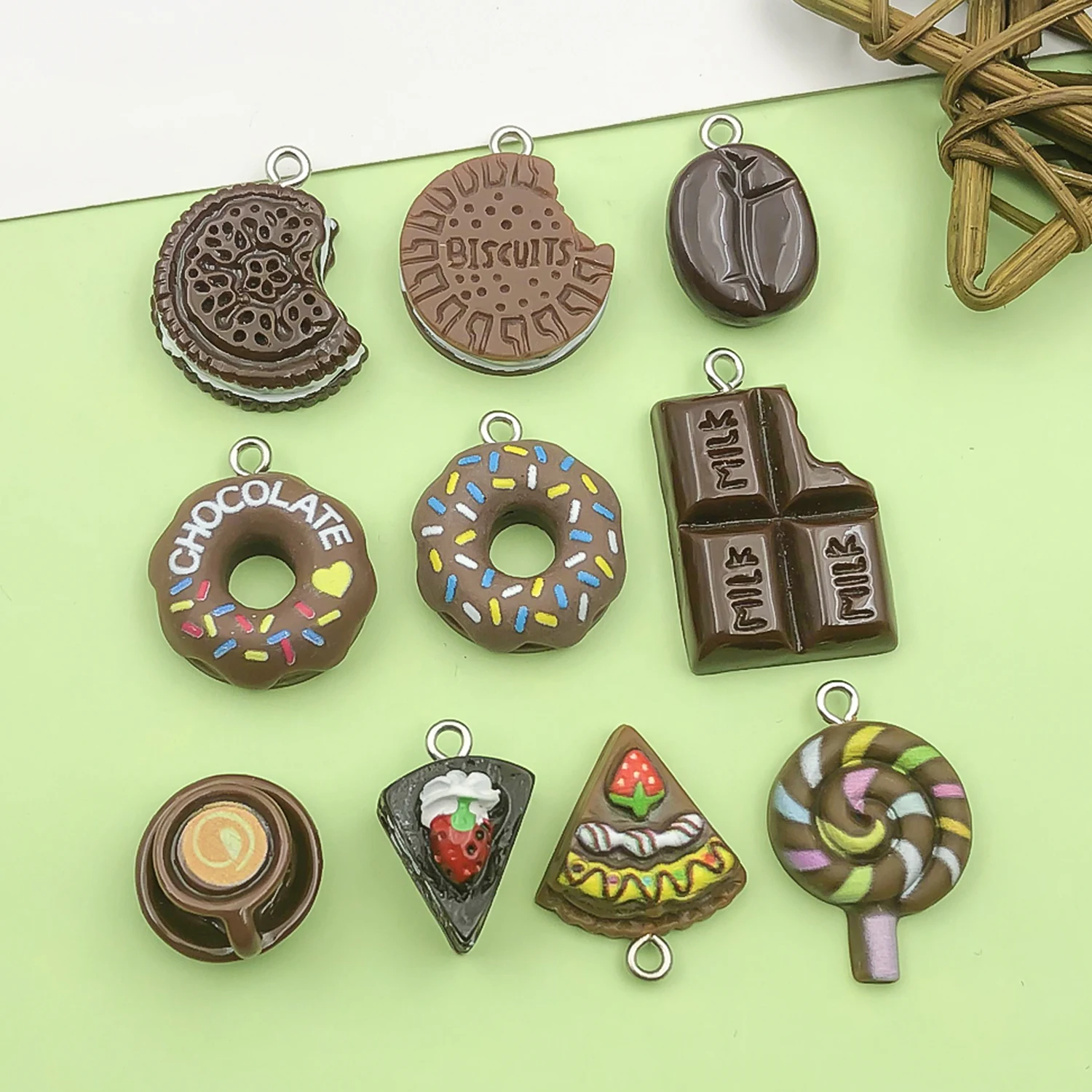 10pcs Brown 3D Food Charms Resin Cake, Donut, Lollipop, Cookie, Chocolate, Coffee Beans Pendant for DIY Jewelry Making Accessory