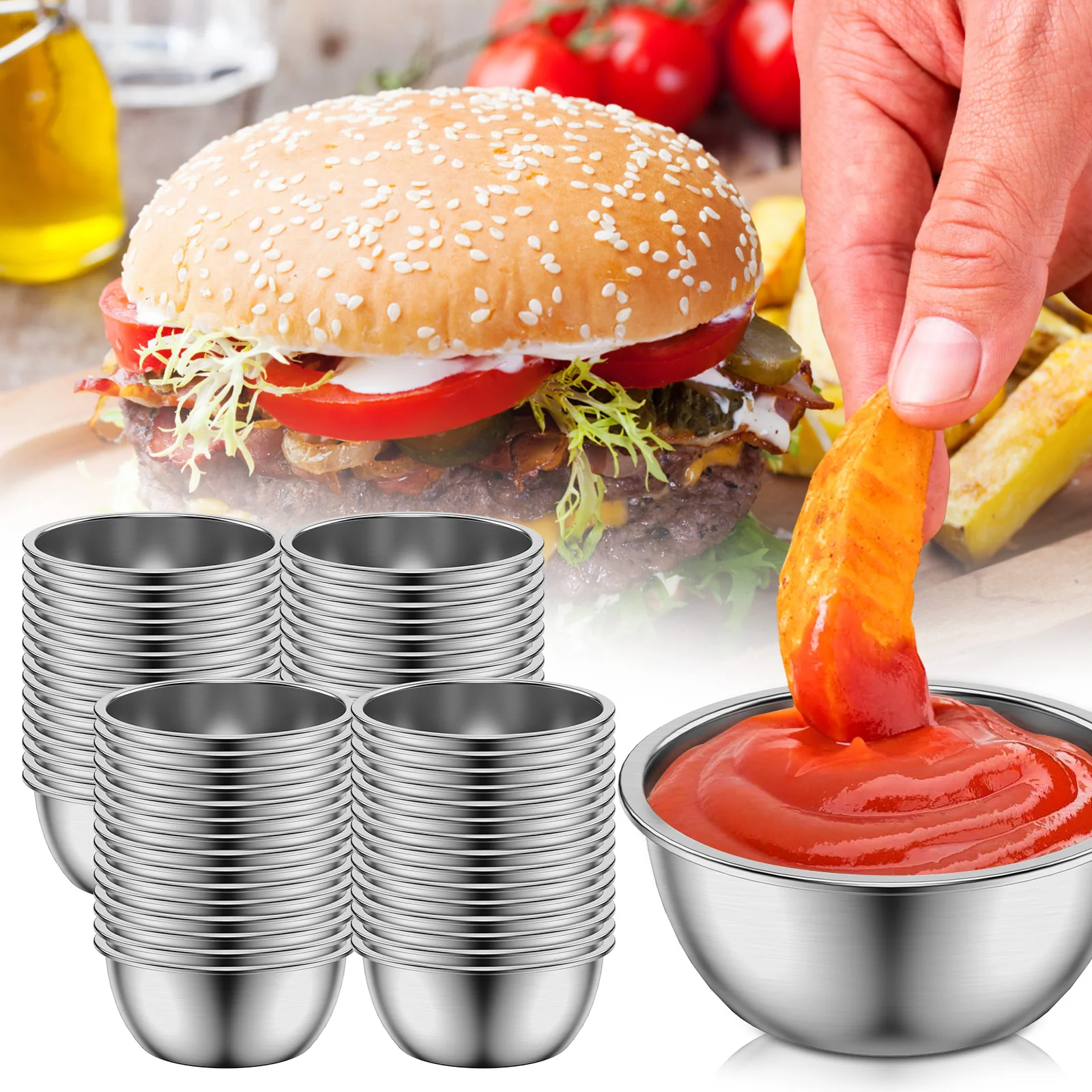 

12/24/60 шт. миска для макания соуса, чашки для макания из нержавеющей стали, круглые блюда для соуса, 45/55 мл, мини-многоразовые чашки для приправ, чашка для макания
