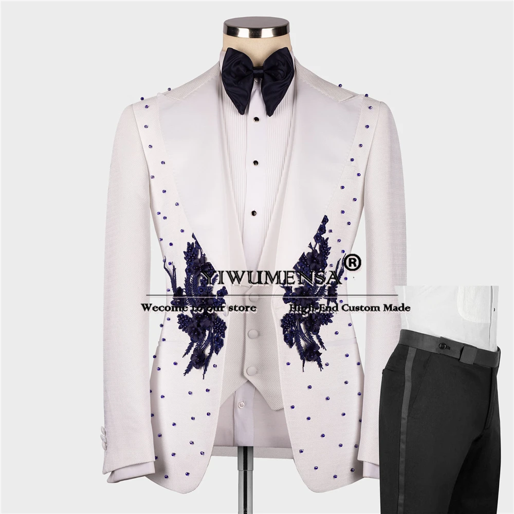 

Tailored Made White Suits With Navy Pearls Appliques Formal Party Groom Wedding Tuxedo Slim Fit Men's Blazer Terno Masculinos