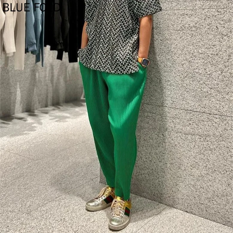 Miyake Pleated Pants for Men, Summer Drape, Elastic Carrot Pants, Casual, Loose Nine-point Pants, Men's Clothing