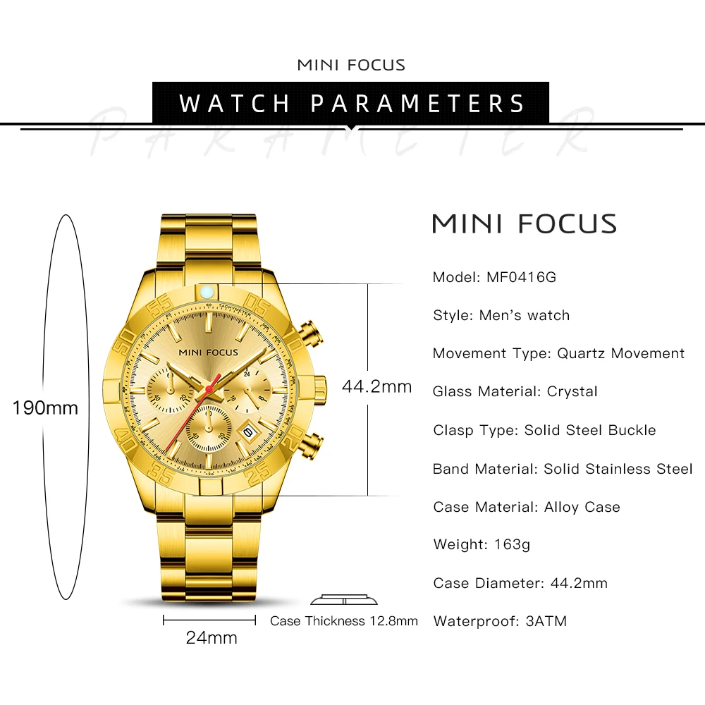 MINI FOCUS Luxury Men's Watch Stainless Steel Waterproof Fashion Quartz Wristwatches 0416G