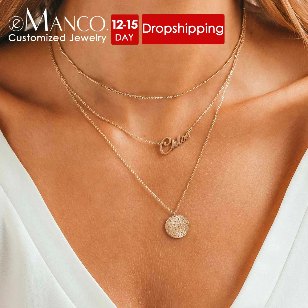 eManco Custom Name Jewelry Stainless Steel Ball Beads Chain Necklace Multilayer Disc Necklace For Women Female Choker Gift