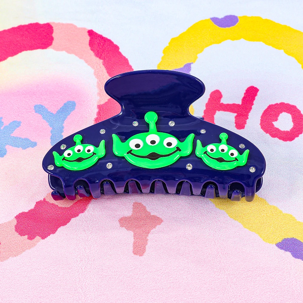 Acrylic Dark Blue Three-Eyed Alien Hair Claw Clip Cute Green Cartoon Creature Rhinestone Hair Barrettes for Women Girls