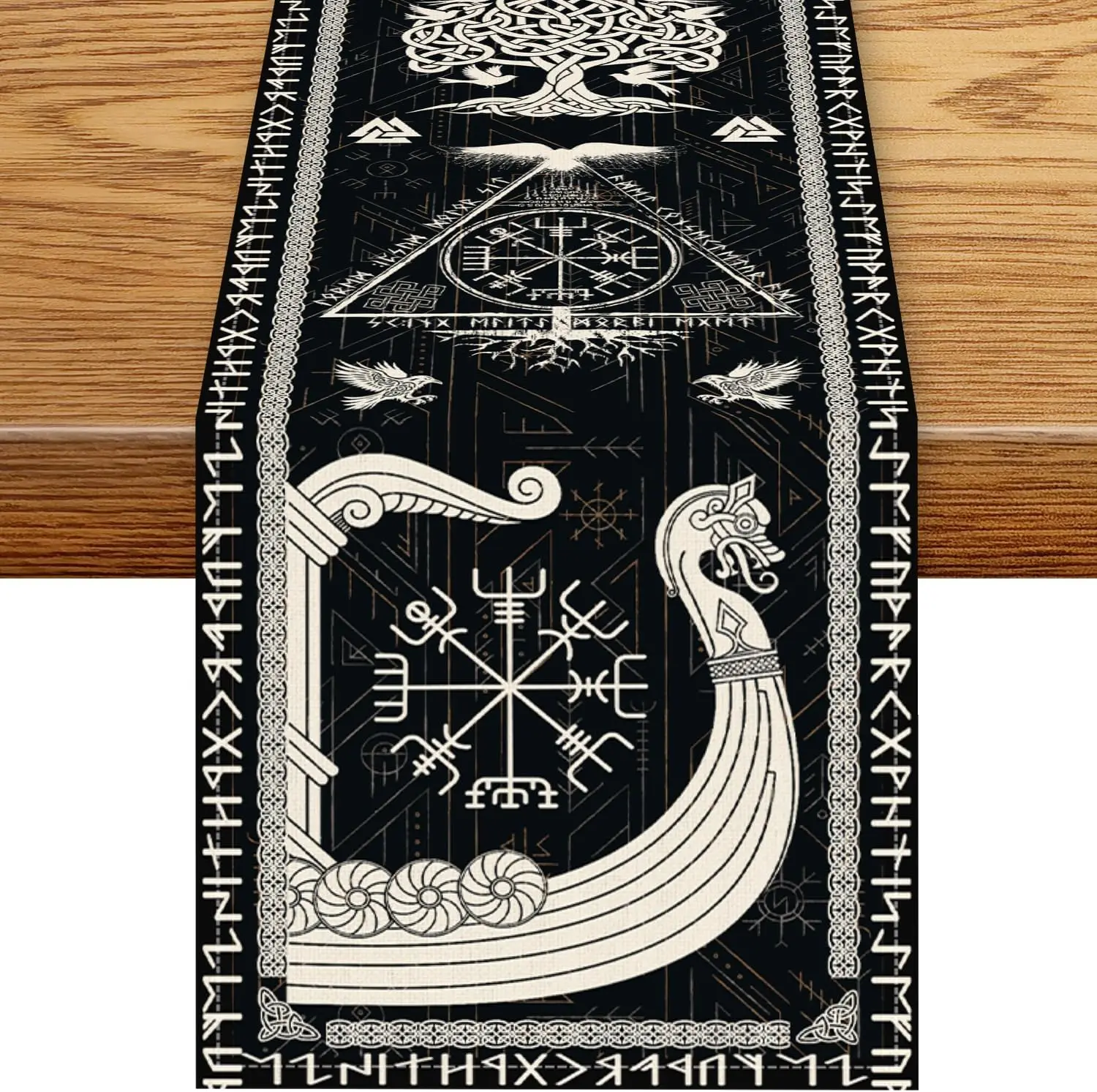 Viking Ancient Mythology Raven Helmet of Awe Table Runner Home Table Decor Reusable Kitchen Dining Table Runner Party Decor