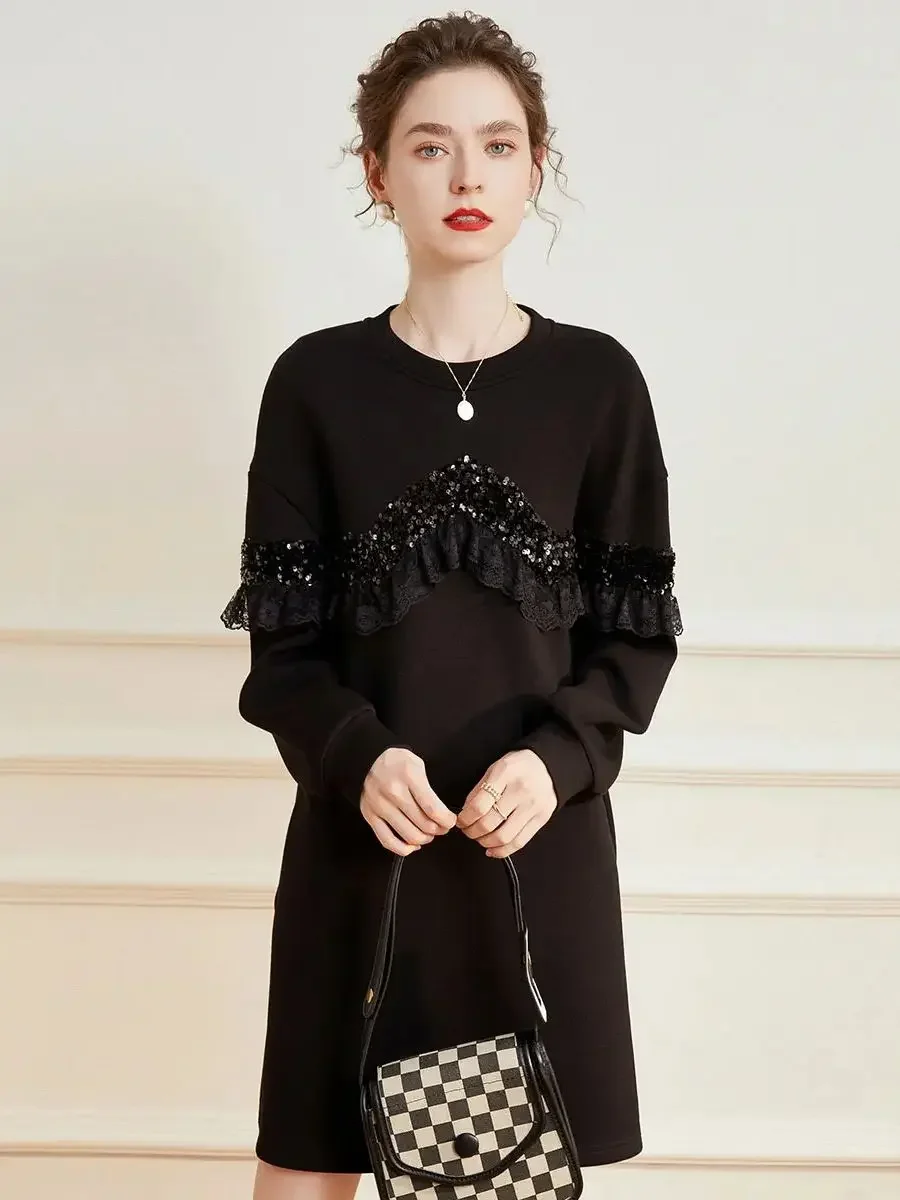 LOUIS YAO Women Dress 2024 New Round Neck Long Sleeve Sequin Lace Dress Casual Loose Fit Short Dress for Women