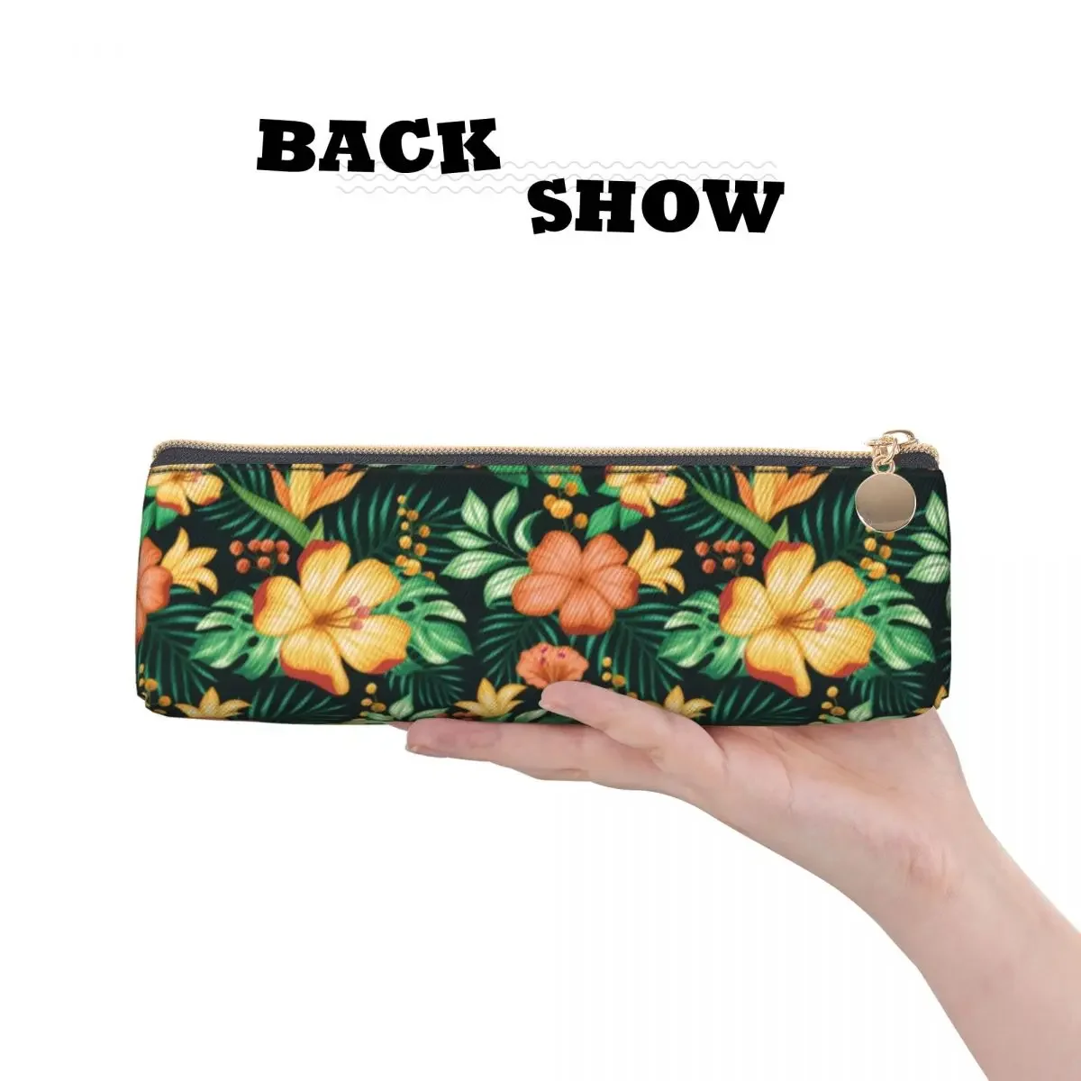 Floral Pattern Triangle Pencil Case Tropical Orange And Green Flowers   Box Teenager Kawaii Leather Pen Bag