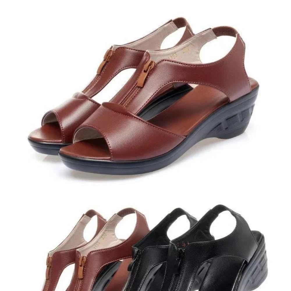 Sandali con zeppa da donna estivi 2024 nuova moda bocca di pesce scarpe Casual in pelle antiscivolo da donna piattaforma retrò Sandalias De Mujer