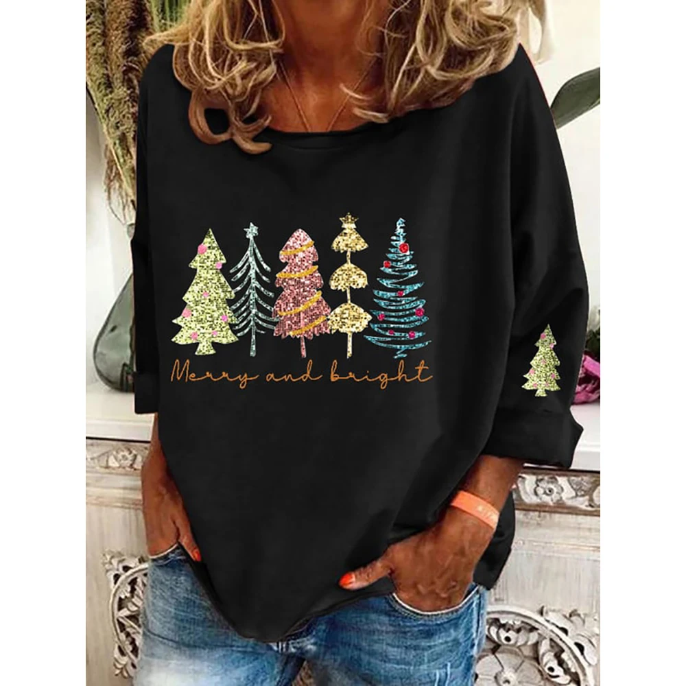 Women\'s Christmas Trees Print Causal T-Shirt O-Neck Cotton Tops Autumn Ladies Pullover Harajuku Long Sleeve Female Loose Clothes