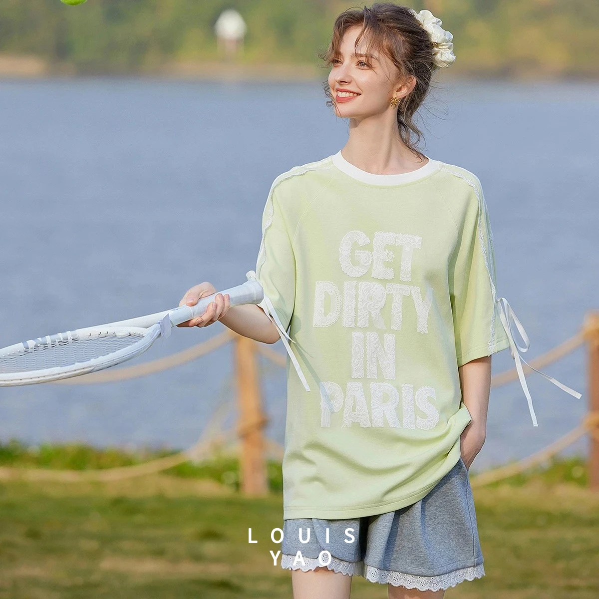 

LOUISYAO Stylish Letter T-Shirt 2025 Summer Tops Fashion Loose Lace Patchwork Short-Sleeved Women's T-Shirt New