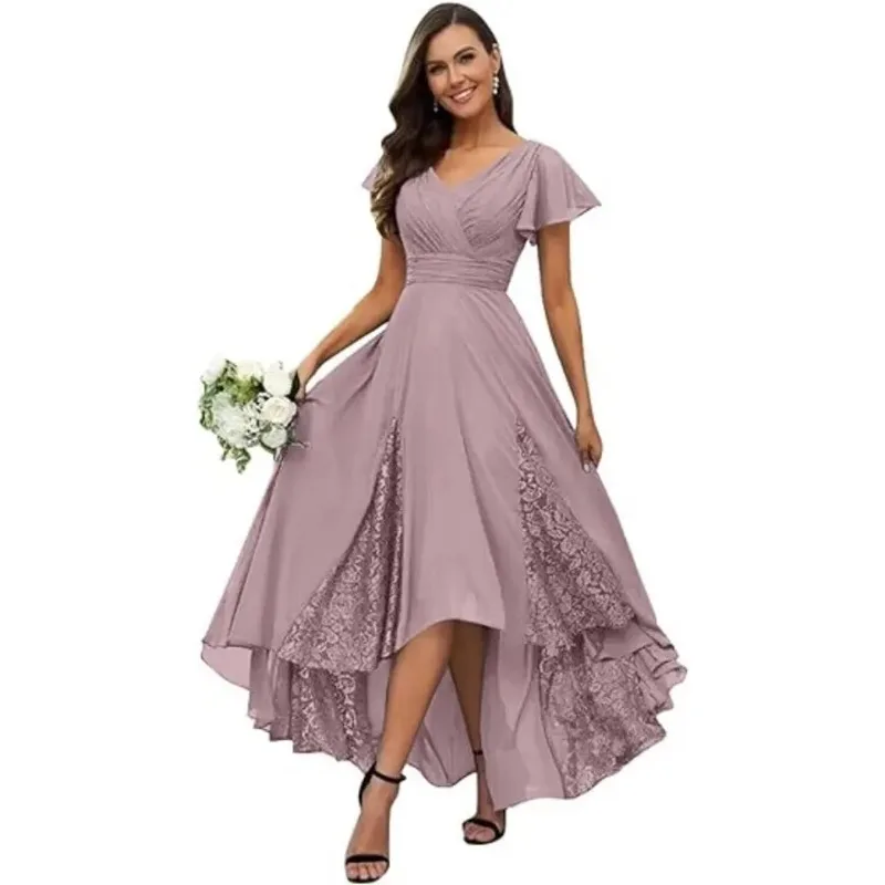 فساتين أم العروس بطول الشاي لحفلات الزفاف بأكمام مكشكشة من الشيفون فستان رسمي لوصيفة العروس #5