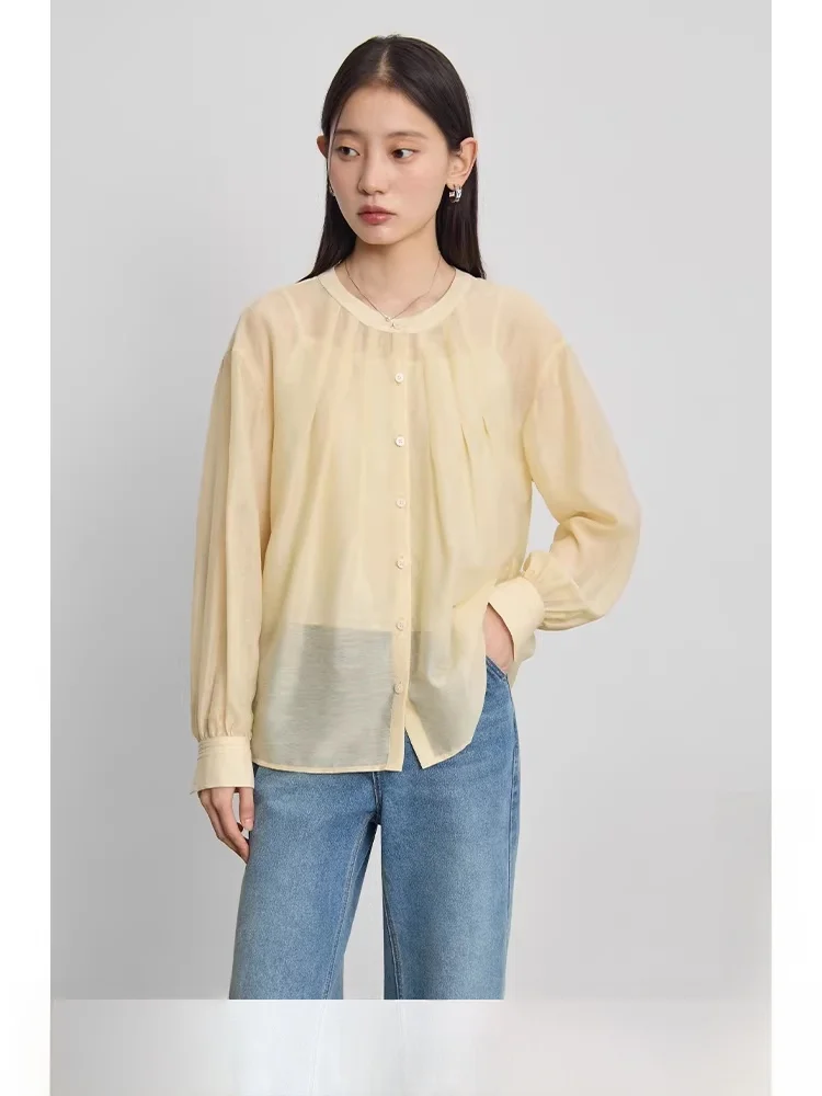 

Женская плиссированная блузка Self-Ele: легкая, модная, повседневная, шикарная, с круглым вырезом, на пуговицах, для весны и осени