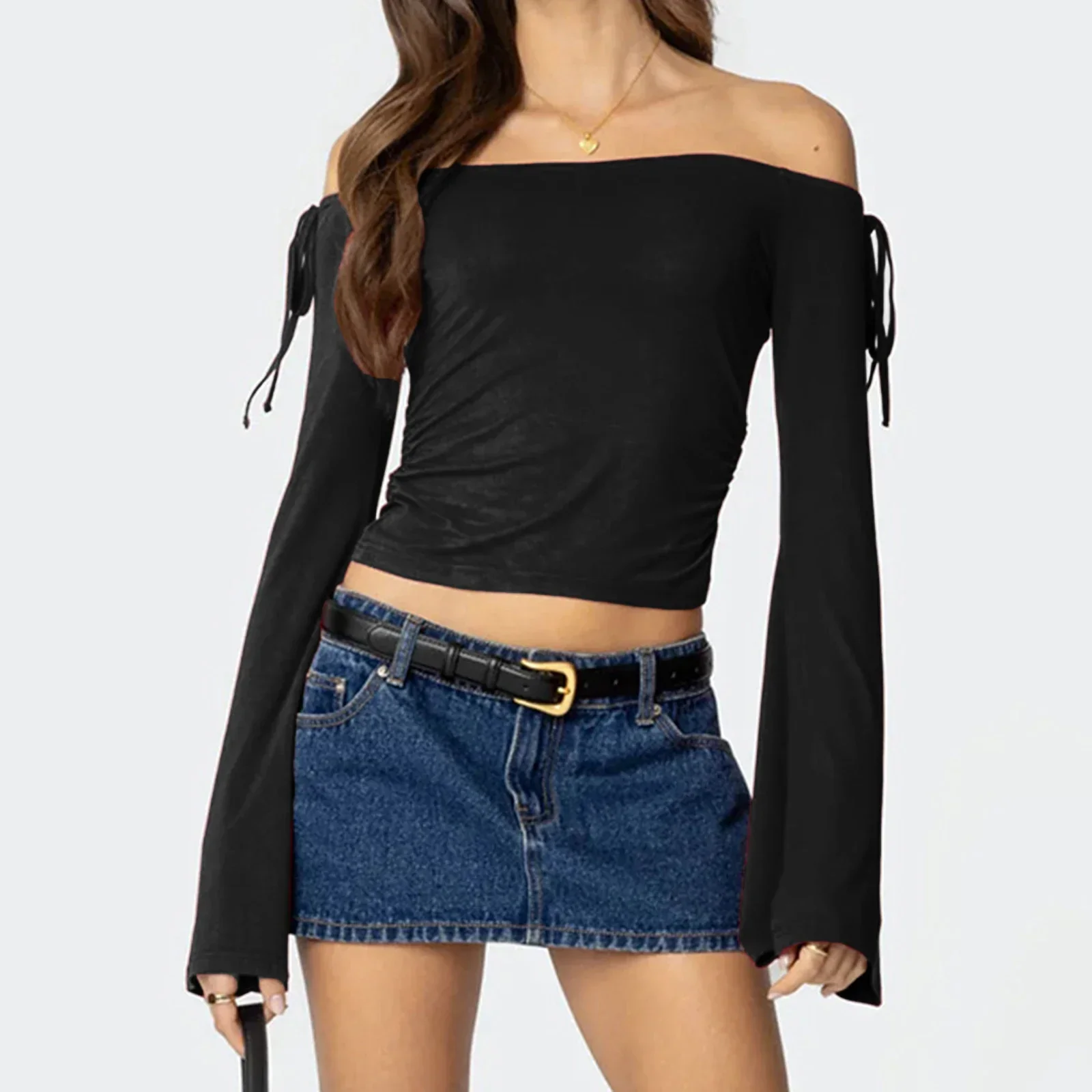 

2025 Spring Fall Off-Shoulder Tee Neck Bow Tie Shrink Pleated Short Section Navel Flare Sleeve Top T-Shirt Basic Streetwear