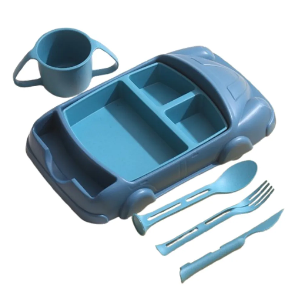 Creative Car Shaped Dinner Plate Detachable Cartoon Kid's Lunch Plate with Cup Wheat Straw Children's Tableware Set Household