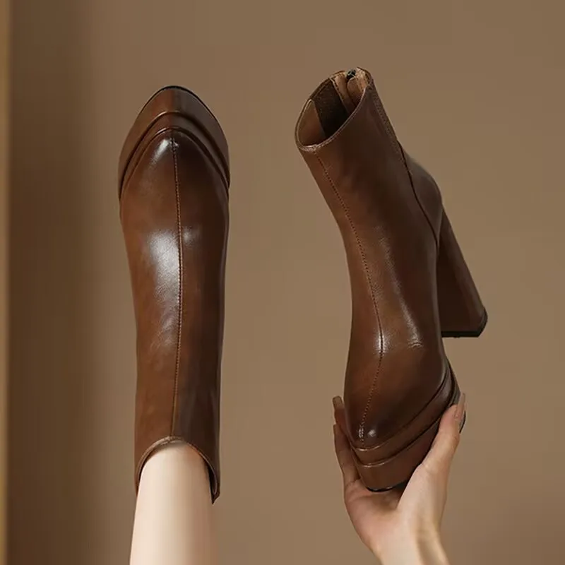 

Модные противоскользящие износостойкие ботильоны с острым носком и молнией, кожаные туфли на платформе и высоком каблуке