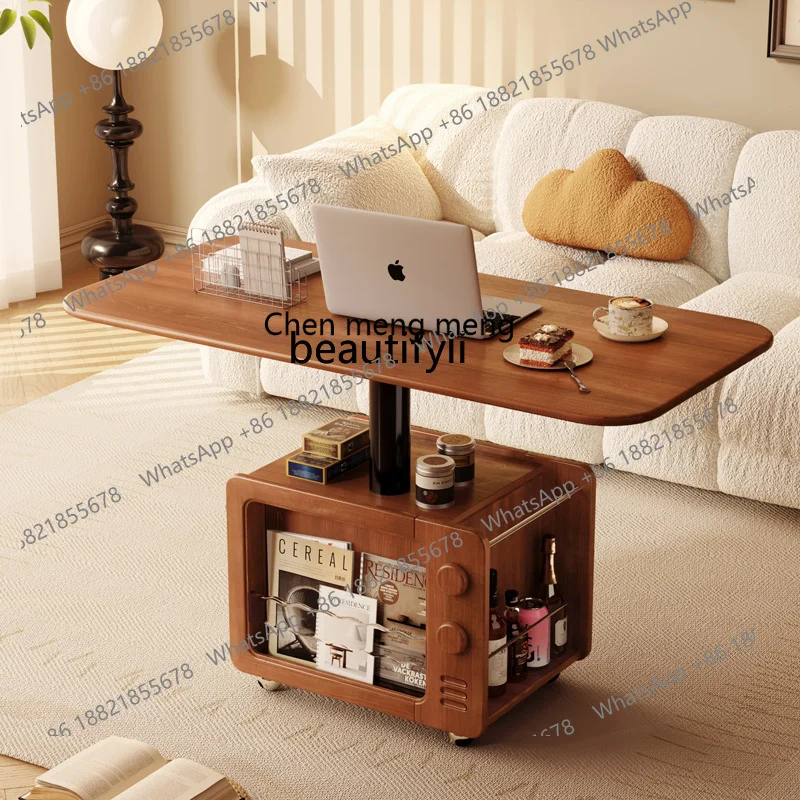 

182C Retro Solid Wood Lifting Coffee Table Small Tea Table Living Room Mobile Boxwood Dining Table Dual-Use