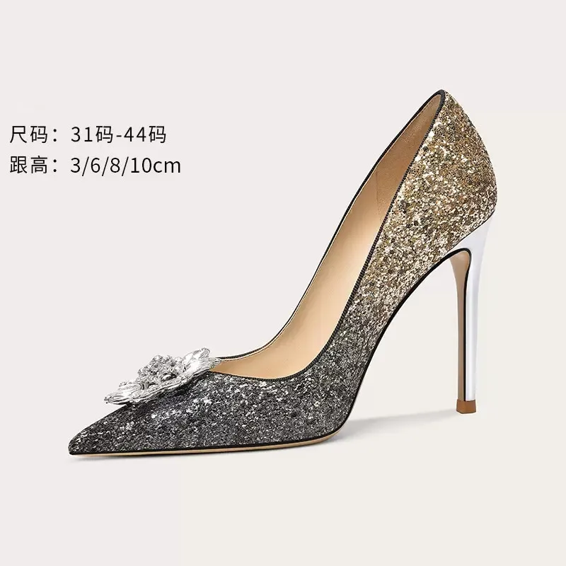 Spring/Summer New Sequins Gold Gradient Crystal Single Shoes Thin High Heel Banquet Dress Versatile Large and Small Women's Shoe