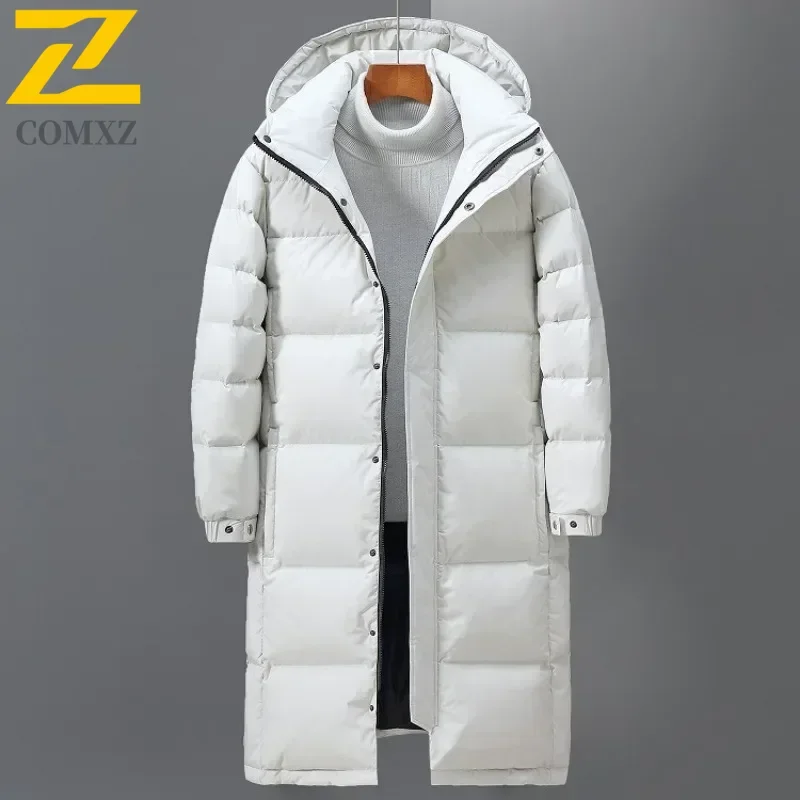 COMXZ Winter Men Long Puffer Jackets Hooded Casual Duck Down Coats Quality Male Snow Windproof Warm Winter Parkas Men Clothing