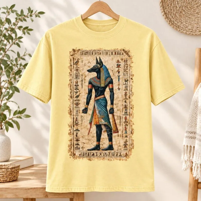 Ancient Egyptian Anubis Hieroglyphs Papyrus Graphic T Shirt Unisex Egypt Mythology Culture Short Sleeve Casual Tee
