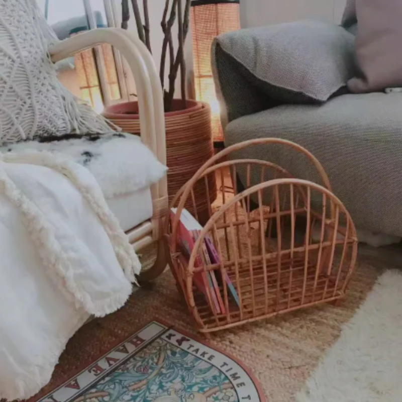 Nordic Style Wicker Magazine Rack Rattan Floor Storage Basket Bedroom Living Room Newspapers Holder with Handle for Books Rack