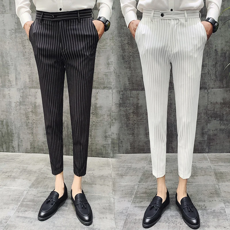 Classic Striped Men Business Social Suit Pants for Spring/Summer 2024 Stylish Mens Casual All-match Nine-point Pants Streetwear