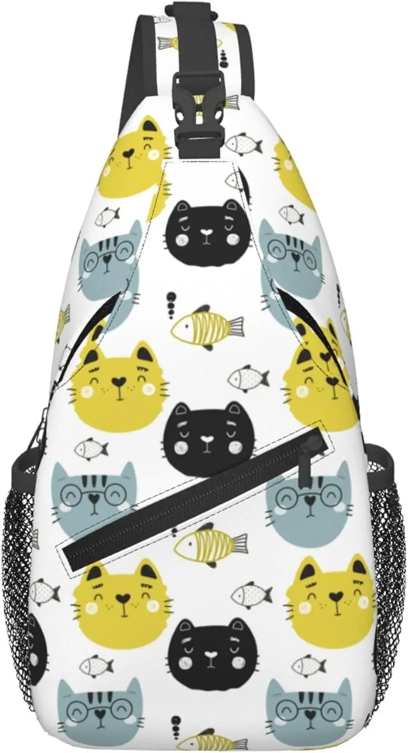 Cartoon Cute Cat Fish Pattern Sling Backpack Crossbody Bag, Chest Bag Daypack for Outdoors Hiking Traveling