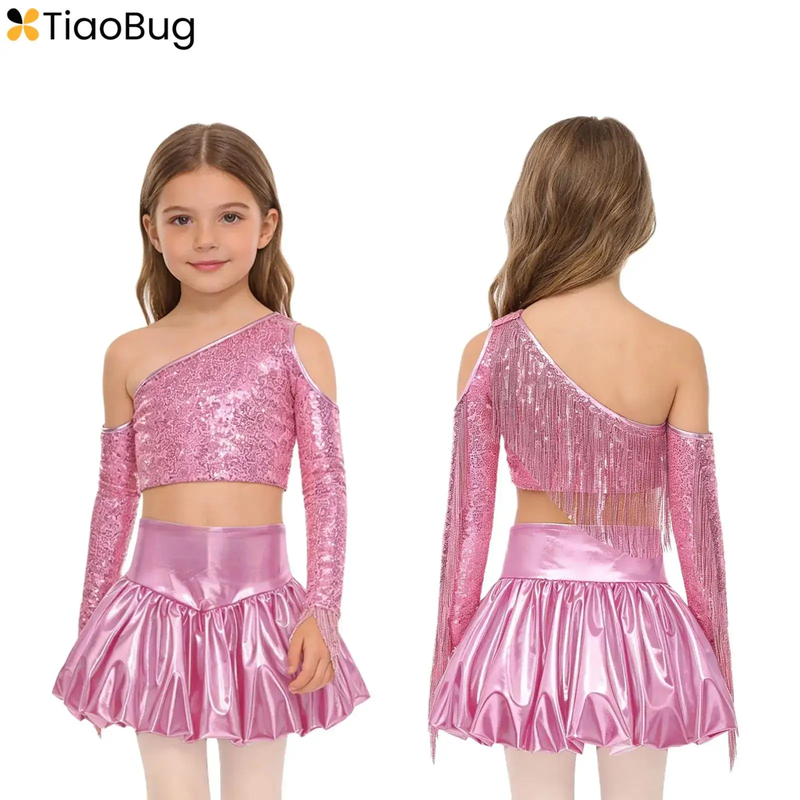 

Костюм для джазового танца для девочек-ковбочек, розовые блестки, блестящие укороченные топы для уличных танцев и юбки, детская танцевальная одежда для выступлений на сцене