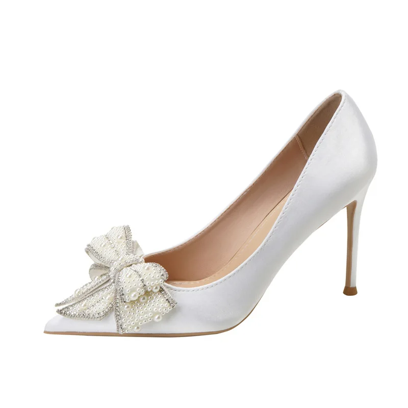 Large Size 32-43 White Wedding Shoes Women Thin Heel Pointed Satin Pearls Bow Bridesmaid High Heels Dress Shoes - view 3