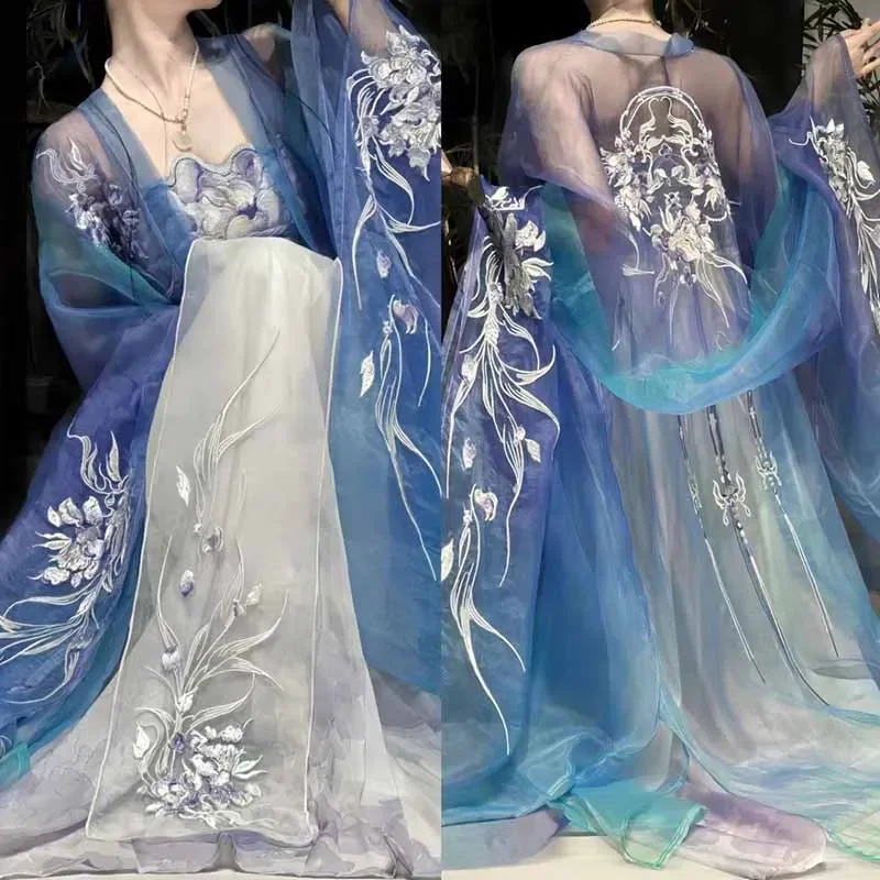 

Chinese Hanfu Dress Women Traditional Embroidery Hanfu Female Carnival Fairy Cosplay Costume Hanfu Gradient Blue Purple Dress ss
