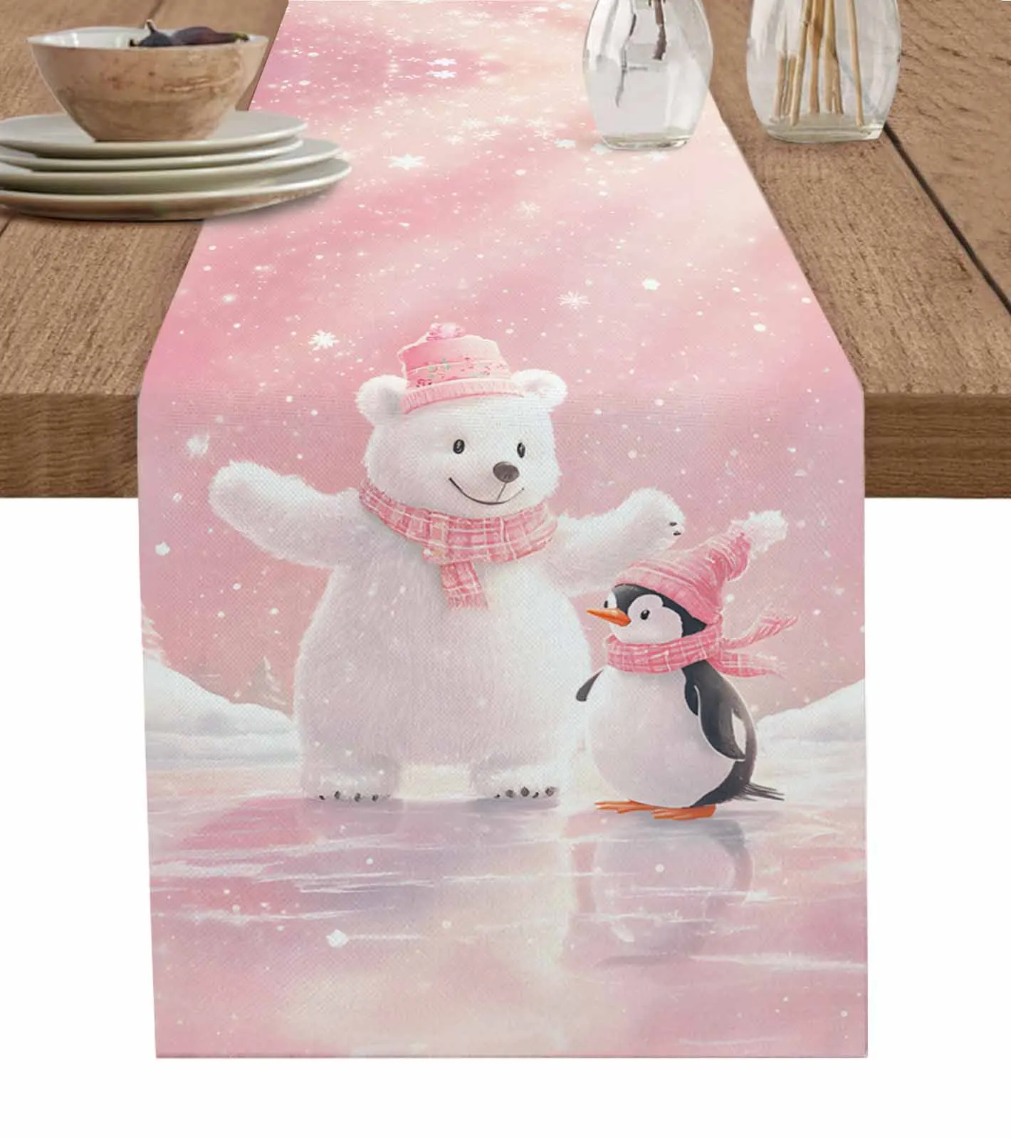 Christmas Pink Bears And Penguins Decorations Coffee Table Decor Tablecloth Table Kitchen Decorative Table