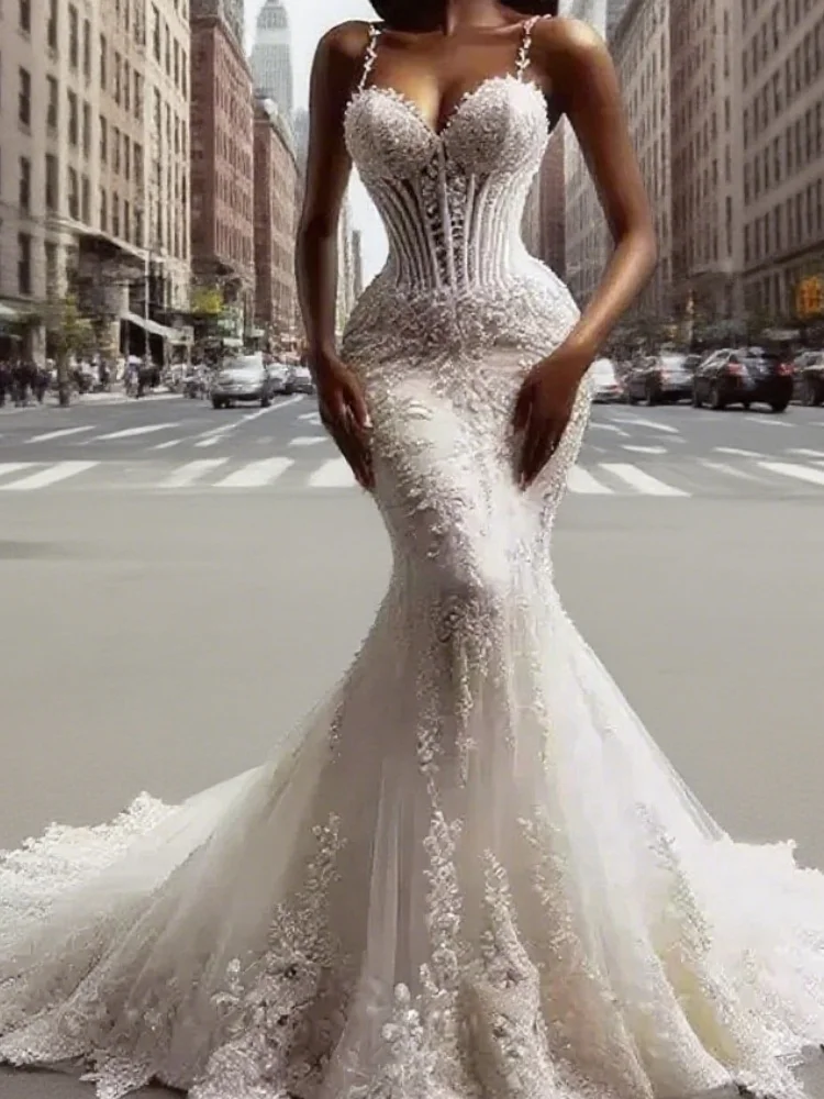 Abito da sposa elegante a sirena in pizzo Abito da sposa di lusso con corsetto sexy senza spalline personalizzato