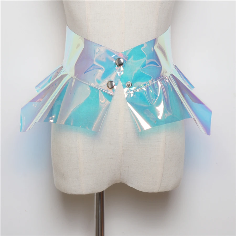 Saia de cintura transparente colorida a laser para meninas Estilo Y2K Irregular Cinto largo Decoração de babados Vestido de espartilho Clube noturno Moda em PVC