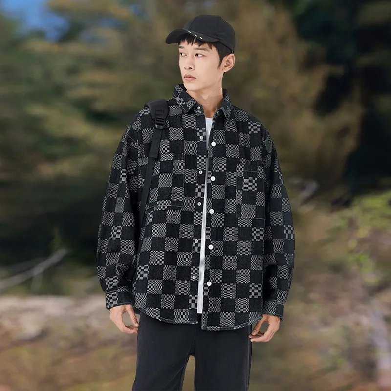 

Мужская черно-белая клетчатая джинсовая рубашка оверсайз с длинным рукавом, на пуговицах, с карманами, повседневная уличная одежда