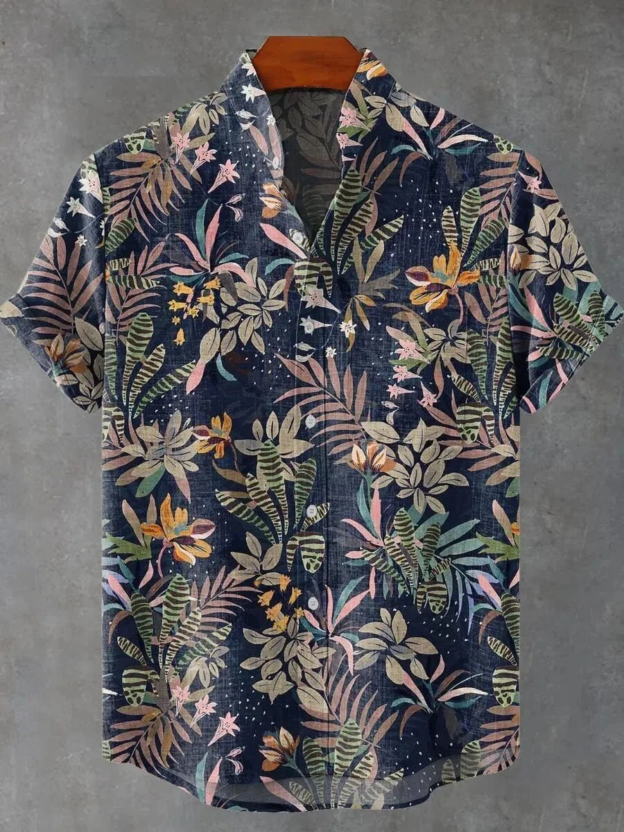 Новая мужская рубашка с 3D принтом тропических растений и кокосовой пальмы, льняная гавайская пляжная рубашка с лацканами и короткими рукавами, дышащий модный топ