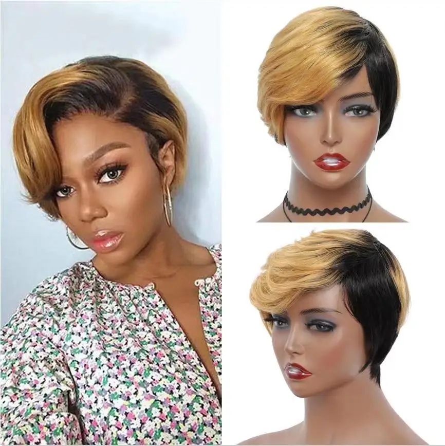 Pixie corta perucas de cabelo humano para mulheres negras, destaque, loiro mel, cor ombre, reto, Bob curto, T Part Lace, peruca frontal brasileira