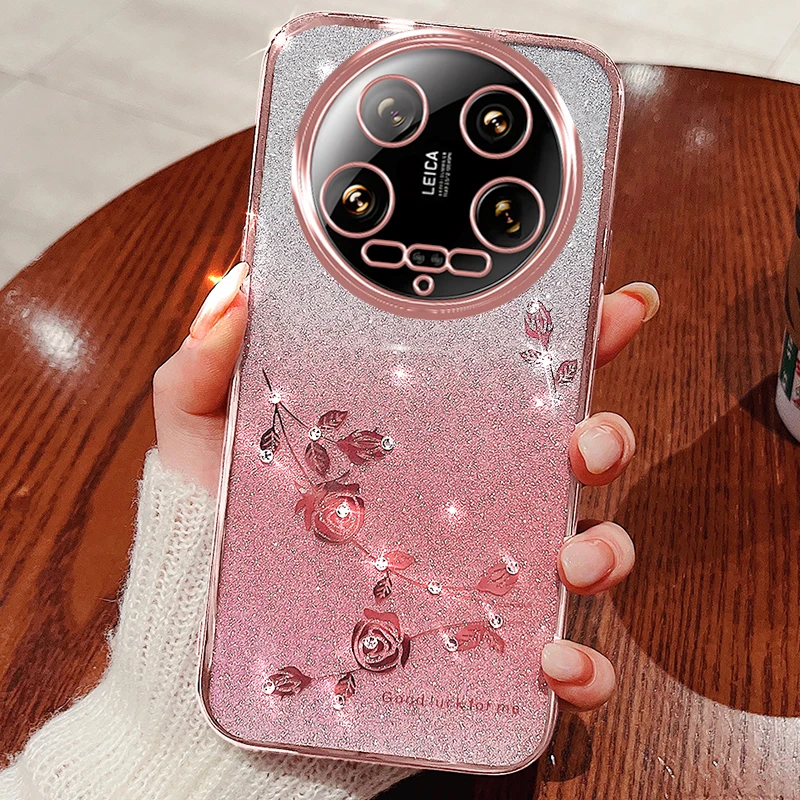 Luxury Diamond Shiny Crystal Glitter Plating Soft Case For Xiaomi 14 / Pro Ultra Thin Gradient Camera Protector Back Cover Shell