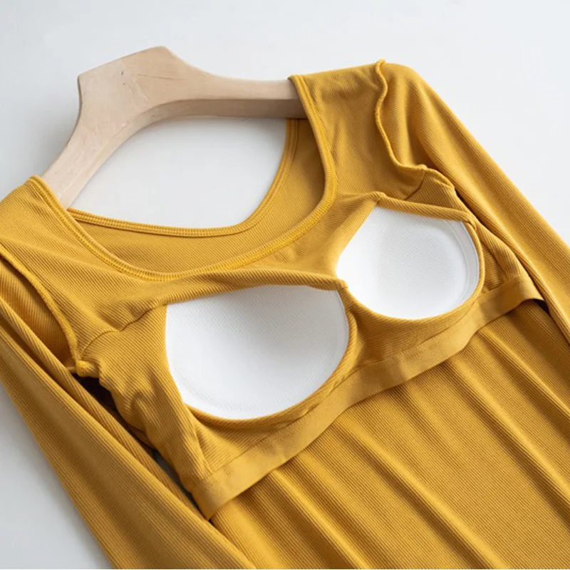 Spring And Autumn New Women\'s Pajamas Tops Square Collar With Chest Pads Long-Sleeved T-shirts Bottoming Shirts Home Clothes