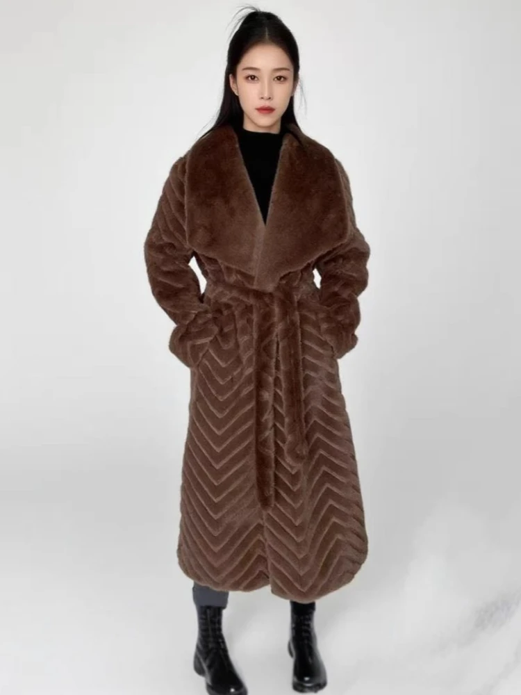 Winter lange bontjas met riem bontkraag luxe dames warme nepbont overjas ontwerp hoge kwaliteit kleding dikke chique windjack